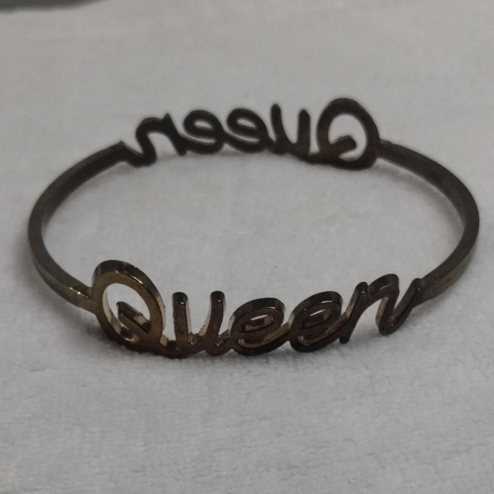Queen Script Word Bangle Bracelet Bronze Tone‎ Metal Double Sided Statement